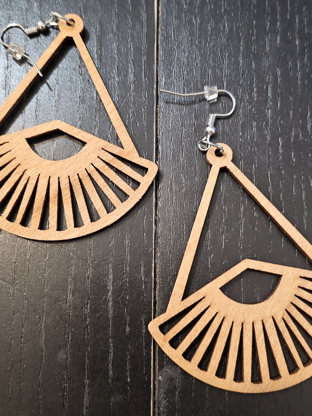 Wooden Geometric Fan Drop Earrings - Natural Brown